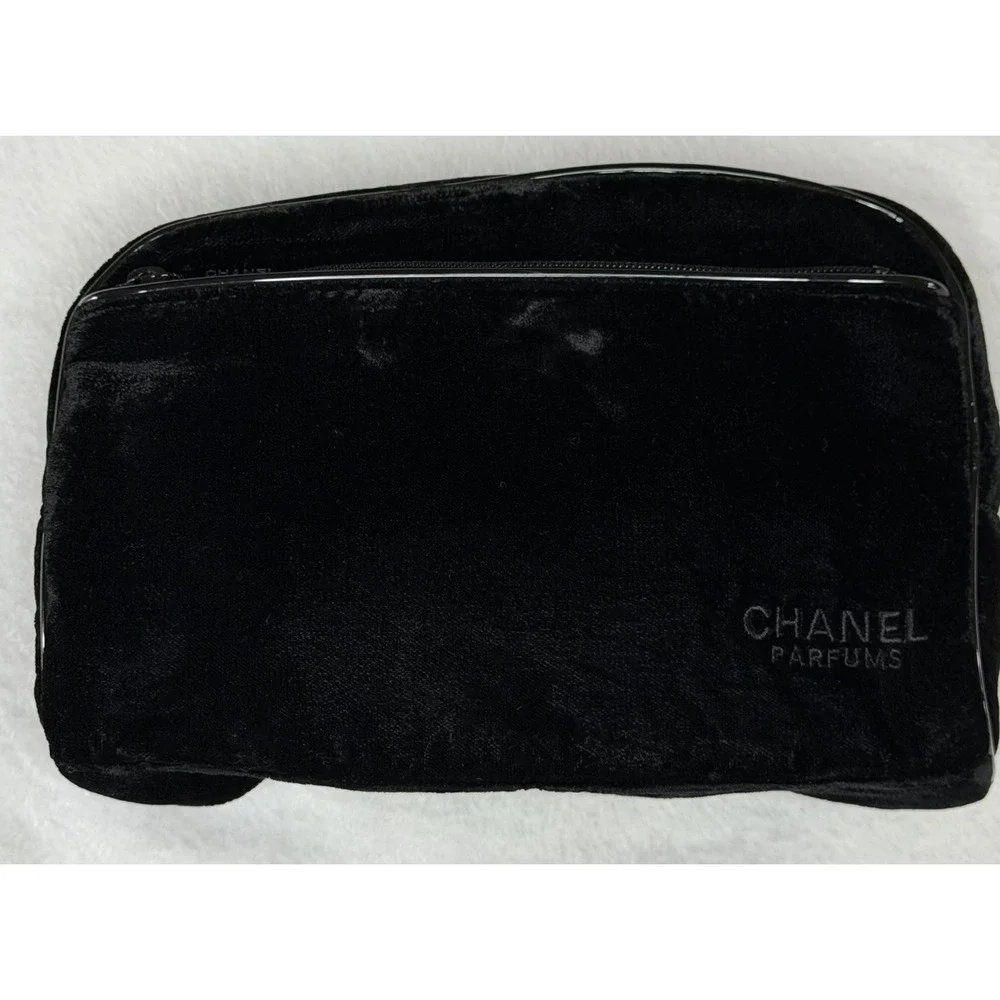 Chanel Parfume Black Velvet Cosmetic Toiletries Bag 2 Pockets Perfume EUC